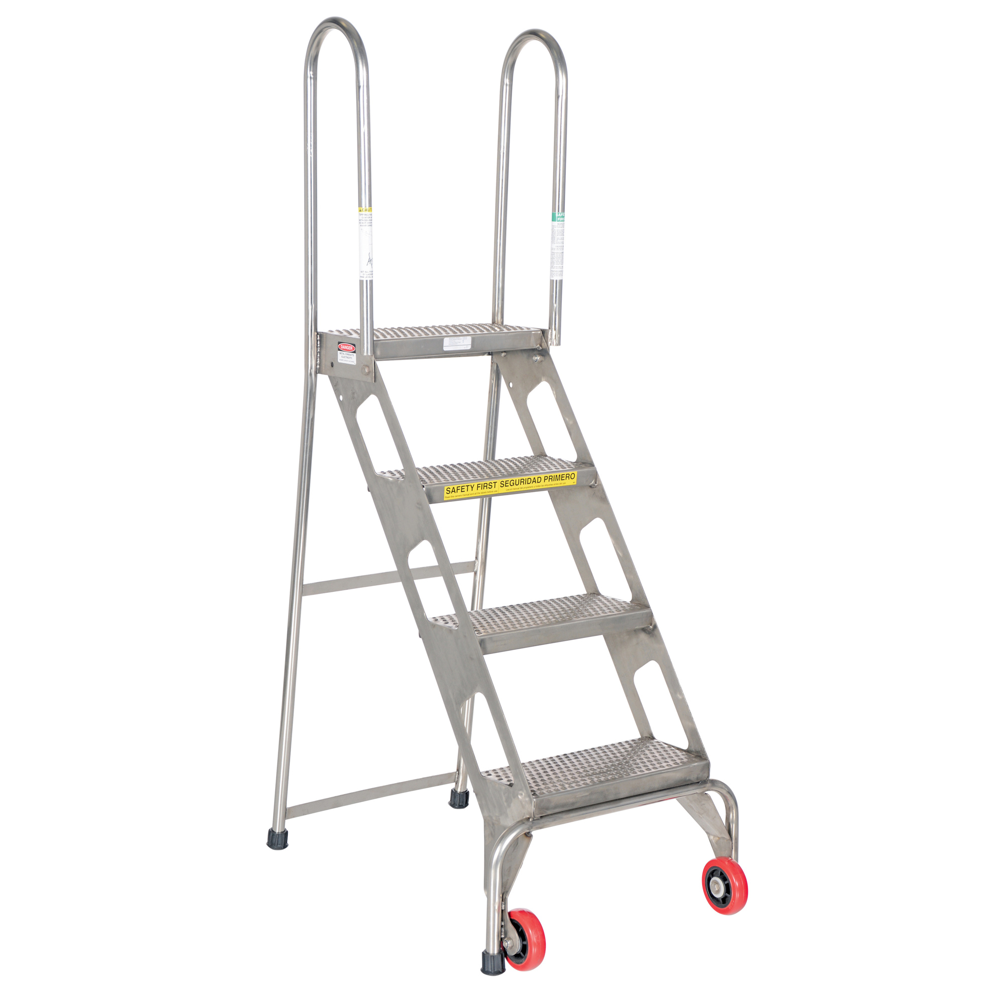 Vestil Stainless Steel Folding Ladder with Wheels - 4 Steps, 350-Lb. Capacity, Non-Slip, Blue, Model# FLAD-4-SS